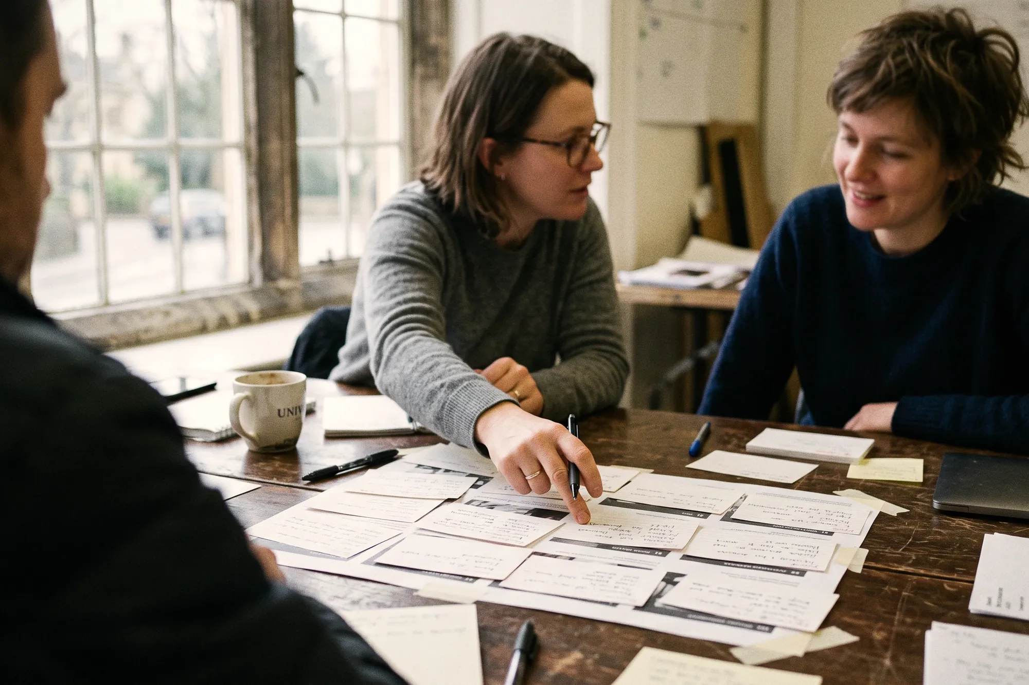 Three people at a worn wooden table covered in handwritten index cards and printed pages, one woman pointing to a card with a pen while a colleague smiles