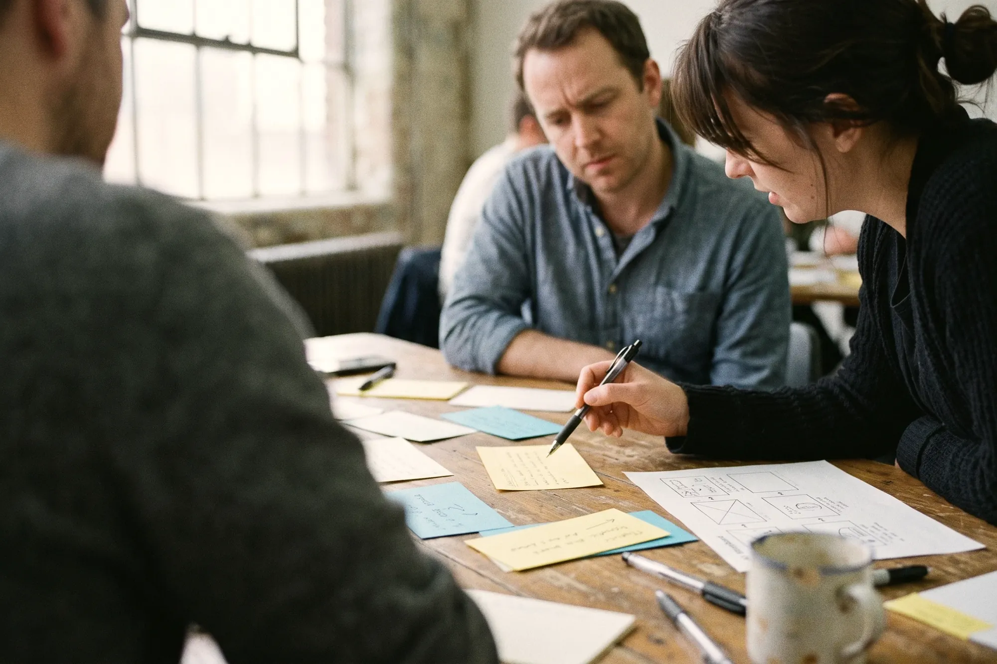 Three people around a wooden table covered in coloured sticky notes and a hand-drawn storyboard, one woman pointing with a pen while a colleague looks on