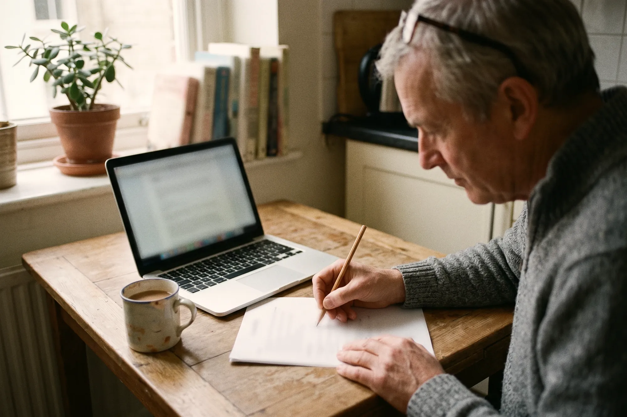 An older man in a grey jumper at a wooden kitchen table, ticking items on a printed course plan with a pencil beside an open laptop and a mug of tea
